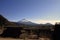 Japanese thatched roof house and Mt. Fuji