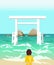 Japanese Tori Gate and Wedded rocks in the sea