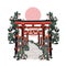Japanese torii gate in Japan. Color vector flat cartoon illustration isolated