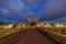 Japanese Torii pole at Miyamae Bridge at night in Takayama old town, Gifu, urban city in Japan. Architecture background