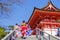 Japanese tourists and foreigners put on a dress yukata for visit the atmosphere inside the Kiyomizu-dera temple. Japan during