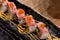 Japanese traditional food, Delicious fresh maguro tuna  rice roll top with tobiko fish egg nigiri sushi.