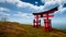 Japanese traditional gate Torii, symbol of Shintoism .Natural landscape 3D render