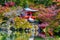 Japanese Traveling. Famous Daigo-ji Temple During Beautiful Red Maples Autumn Season at Kyoto City in Japan. With Pond Reflections
