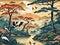 Japanese Vintage Forest Lake: Serene Heron Bird Landscape Drawing Wallpaper.