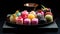 Japanese wagashi traditional sweets on a lacquered tray. The colorful confections. A healthy dessert made from natural