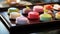 Japanese wagashi traditional sweets on lacquered tray. Colorful confections. A healthy dessert made from natural