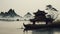 Japanese Water Painting: Tranquil Boat on a Lake