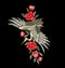 Japanese white crane and flowers. Embroidery vector.