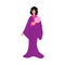 Japanese woman character in purple kimono sketch vector illustration isolated.