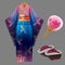 Japanese woman kimono geisha dress, yukata geta