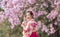 Japanese woman in traditional kimono dress holding sweet hanami dango dessert while walking in the park at cherry blossom tree