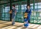 Japanese women wearing kimono dancing with furi-zutsumi tambourines in a free show at Dejima island in Nagasaki.