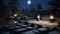 Japanese Zen garden bathed in serene moonlight