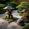 Japanese zen garden with stone lanterns - 3D render.