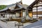 Japanese zen stone garden at the front of Kuri Hall temple office and kitchen in the Arashiyama Tenryu-ji Temple complex
