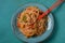 Japchae, Korean Glass noodle stir fry. Funchoza salad. Glass noodles salad with fresh vegetables