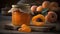 A Jar Of Apricot Jelly On A Rustic Wooden Shelf With Dried Apricots Arranged Around It. Generative AI
