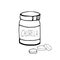 Jar bottle and pills chlorella hand drawn in doodle style. single element for design. super food, algae, pharmacy, medicine