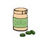 Jar bottle and pills chlorella hand drawn in doodle style. single element for design. super food, algae, pharmacy, medicine