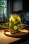 Jar with canned cucumbers and spices on a wooden board after cooking. Place for an inscription or advertising.