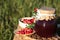 Jar of delicious lingonberry jam and red berries on wicker basket outdoors, space for text