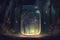 A jar filled with fireflies, their twinkling lights illuminating the surrounding dark forest, generative ai