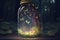A jar filled with fireflies, their twinkling lights illuminating the surrounding dark forest, generative ai