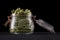 Jar of foglie spinach pasta on wooden table isolated on black background