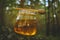 Jar of fresh honey and honey spoon on pine tree in woods.