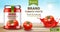 Jar with fresh and natural paste with tomatoes and flowing juice near by. Realistic 3D mockup product placement