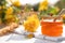 Jar with fresh rose honey on white wooden table outdoors