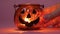 Jar of Halloween pumpkin shape with candle inside on dark background. Jack O Lantern glass candlestick