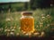 A jar of honey sitting in a field of flowers. AI generative image.