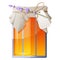 A jar of honey tied with a bow with a label and a branch of lavender. Isolated illustration. Suitable for stickers