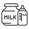 Jar of milk and bottle with nipple line icon. Feeding bottle and canned bank outline style pictogram on white background