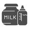 Jar of milk and bottle with nipple solid icon. Feeding bottle and canned bank glyph style pictogram on white background