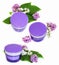 jar natural cream sprig fresh bloom white and purple lilac perspective, fresh delicate flowers and petals for cosmetic set