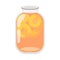 A jar of peach compote. Packaged jar of apricot jam or compote. Canned peach slices in sweet sugar syrup. Cartoon vector