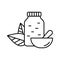 Jar with pills, two leaves on back and mortar with Pestle. Linear Homeopathy icon. Black illustration of crushed drug. Contour