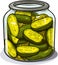 Jar preserved vegetables. Can of pickled cucumbers. Cartoon canned food in glass. Grocery conserve container, vector