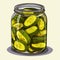 Jar preserved vegetables. Can of pickled cucumbers. Cartoon canned food in glass. Grocery conserve container, vector