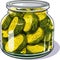 Jar preserved vegetables. Can of pickled cucumbers. Cartoon canned food in glass. Grocery conserve container, vector