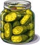 Jar preserved vegetables. Can of pickled cucumbers. Cartoon canned food in glass. Grocery conserve container, vector