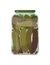 Jar preserved vegetables. Can of pickled cucumbers or pickles. Cartoon canned food in glass. Grocery conserve container