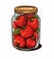 Jar preserved vegetables. Can of pickled tomatoes. Cartoon canned food in glass. Grocery conserve container