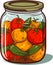 Jar preserved vegetables. Can of pickled tomatoes and pepper. Cartoon canned food in glass. Grocery conserve container