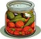 Jar preserved vegetables. Can of pickled tomatoes and pepper. Cartoon canned food in glass. Grocery conserve container