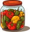 Jar preserved vegetables. Can of pickled tomatoes and pepper. Cartoon canned food in glass. Grocery conserve container