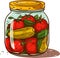 Jar preserved vegetables. Can of pickled tomatoes and pepper. Cartoon canned food in glass. Grocery conserve container